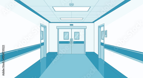 Hospital Corridor Illustration Depicting Doors and Interior Perspective With Blue Tones