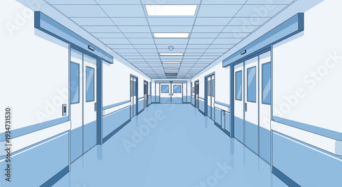 Hospital Corridor Illustration Depicting Doors, Architectural Design, And Minimalist Aesthetics