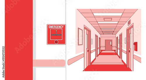 Hospital Corridor Illustration with Red Hues And Emergency Signage In Perspective