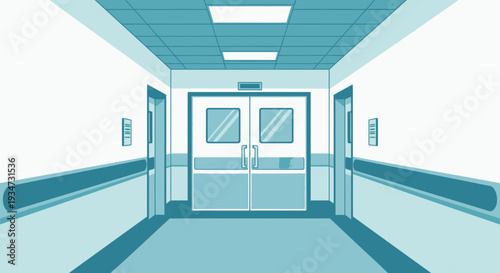 Hospital Corridor Illustration Depicting Doors and Medical Architecture Perspective