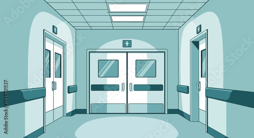 Hospital Corridor Illustration Depicting Doors and Medical Imagery in Cartoonish Style