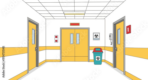 Hospital Corridor Illustration Depicting Doors, Waste Bin, and Biohazard Warnings In Perspective