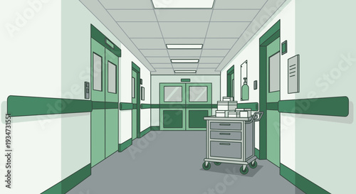 Hospital Corridor Illustration Depicting Doors, Trolley and Architectural Symmetry and Design