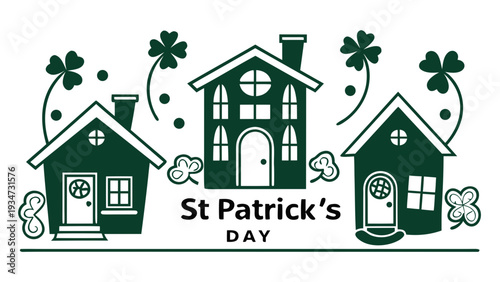 A festive st patrick s day greeting card depicting charming green houses and shamrocks with a hopeful message below high-quality professional detailed modern elegant stylish