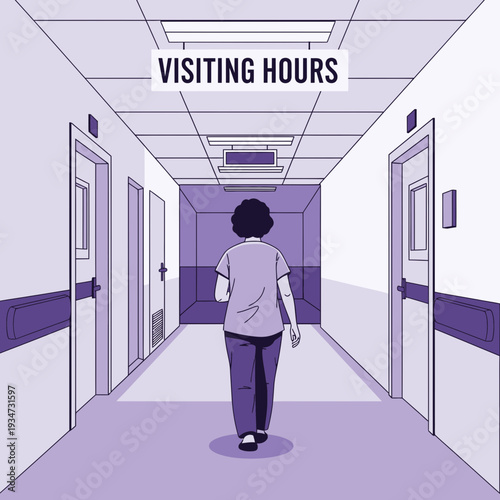Hospital Corridor Perspective: A Person Walking Towards the End During Visiting Hours