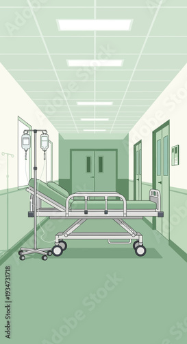 Hospital Corridor Perspective Depicting A Patient Bed Under Overhead Lighting And Doors Ahead