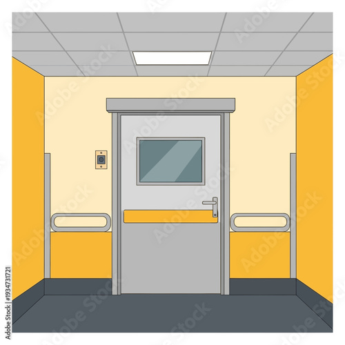 Hospital Corridor Perspective Depicting A Sterile Entrance With Handrails And A Windowed Doorway