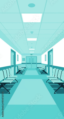 Hospital Corridor Perspective Depicting a Sterile and Modern Medical Waiting Area Design