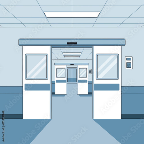 Hospital Corridor Perspective Depicting Automated Entryway and Reflective Interior Design