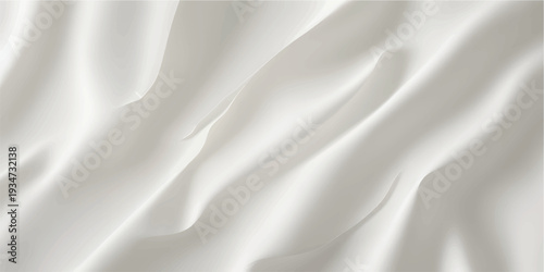 An elegant white silk and satin fabric background features a smooth, rippled texture with soft shiny waves and luxury curves perfect for a wedding fashion textile backdrop or wallpaper design