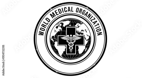World Medical Organization Official Logo: Globe with Caduceus and Medical Cross in Circle Design on Isolated White Background