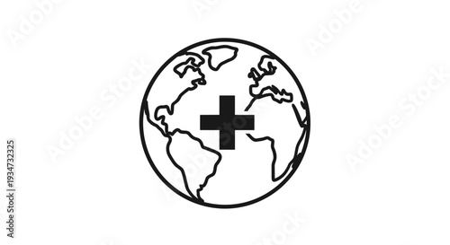 Outline of Planet Earth with Medical Cross, Global Health and Humanitarian Aid Concept on Isolated White Background, World Health Organization Symbol