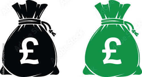 Two money bags with British pounds symbol in black and green on white background