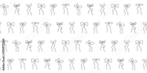 Minimal seamless pattern of ribbon bows. Sketchy doodle bow monochrome background. Black white line art. Cute girl accessories. Great for fabric prints, scrapbooking, gift wrap, wallpaper