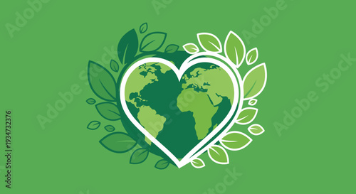 Planet Earth in Heart Shape Surrounded by Green Leaves on Natural Green Background, Environmental Protection Concept