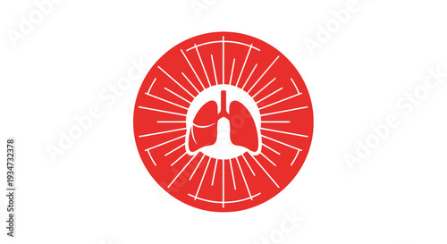 Human Lungs Organ Icon with Sunburst Design in Red on Isolated White Background, Respiratory System Health Concept