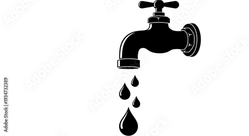 Black Silhouette Leaking Water Faucet with Dripping Drops on Isolated White Background, Water Conservation Concept