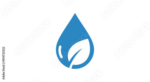 Blue Water Drop with Green Leaf Icon, Symbolizing Water Purity and Nature on Isolated White Background