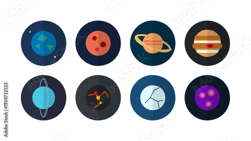Professional vector set of solar system planet icons in flat design. Minimalist space universe elements like Earth, Saturn, Mars and Jupiter for astronomy infographics, web UI and mobile apps.