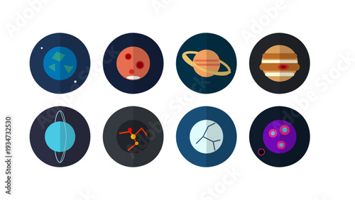 Set of flat design solar system planet icons including Earth, Mars, Jupiter, and Saturn. Professional vector set for educational space science projects, web apps, and astronomical infographics.