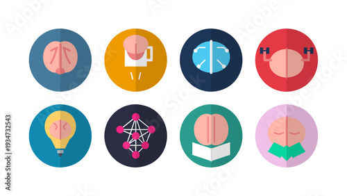 Professional brain intelligence icons vector set in flat design style. Creative mind symbols for education, mental health, cognitive psychology, learning, brainstorming, smart ideas and wellness.