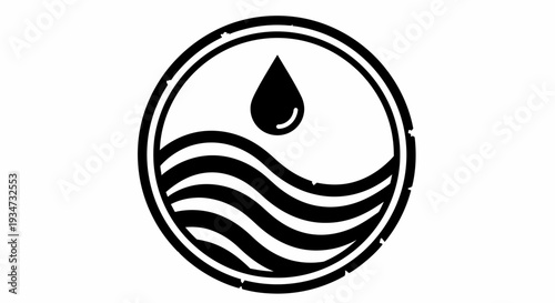 Minimalist Water Drop with Wavy Lines in Circle Icon, Symbolizing Liquid and Purity on Isolated White Background