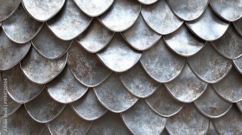 Close-up of overlapping silver metal scales with textured surface