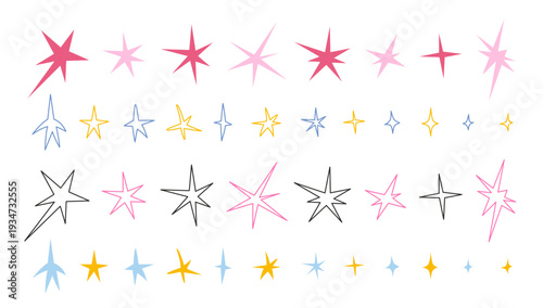 Scribble star shapes collection in hand drawn messy style. Playful sketchy sparkle icons set for decorative and creative design. Trendy vector illustration