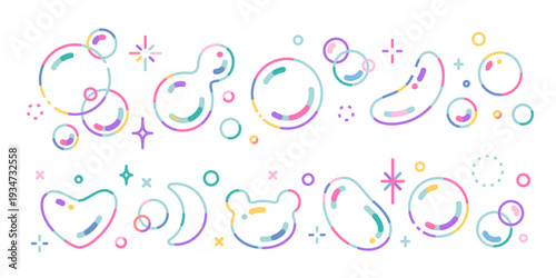 Rainbow soap bubbles set with various shapes, spark accents and colorful outlines. Iridescent transparent spheres. Trendy modern vector illustration isolated on white