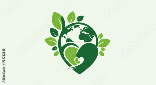 Green Heart Shape with Earth Globe and Leaves, Symbolizing Eco-Friendly Health on Light Green Background