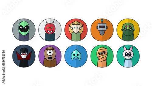 Professional vector flat design monster avatar icons set for web game UI. Includes alien, devil, elf, robot, ogre, vampire, cyclops, ghost, mummy, and creature characters. Fantasy gaming assets.