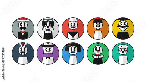 Vector set of retro cartoon character avatars in flat design circular icons. Vintage 1930s rubber hose animation style profile pictures featuring diverse funny people for apps and web UI design.