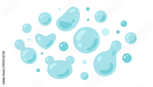 Blue water bubbles and drops set in flat style. Transparent liquid splash elements isolated on light background. Trendy vector illustration