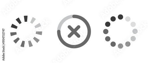 Loading spinner and cancel icon set in minimal flat style. Circular progress indicators and interface symbols. Vector illustration isolated on white background