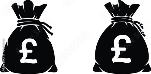 Two black money bags with british pound symbols on a white background