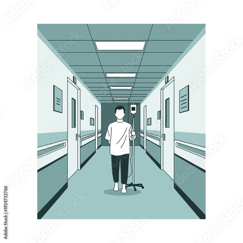 Hospital Corridor Perspective Depicting Patient Navigating Toward The Distant End Of The Hallway