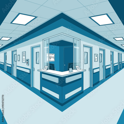 Hospital Corridor Perspective Depicting Reception Area and Examination Rooms in Blue Tones