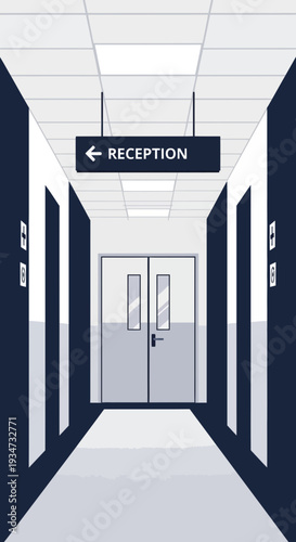 Hospital Corridor Perspective Depicting Reception Sign, Doors, and Interior Design Elements