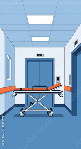 Hospital Corridor Perspective Depicting Stretcher Near Elevator in Contemporary Medical Facility