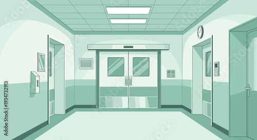 Hospital Corridor Perspective With Doors and Soft Lighting, A Modern Illustrative View