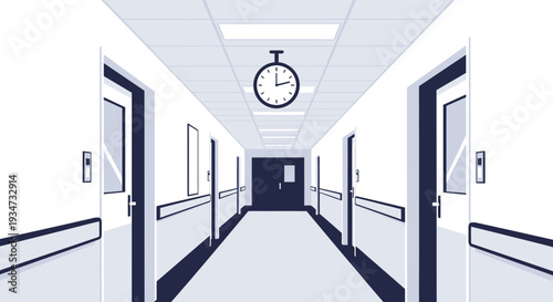 Hospital Corridor Perspective With Clock: Time, Treatment, And Waiting Anticipation
