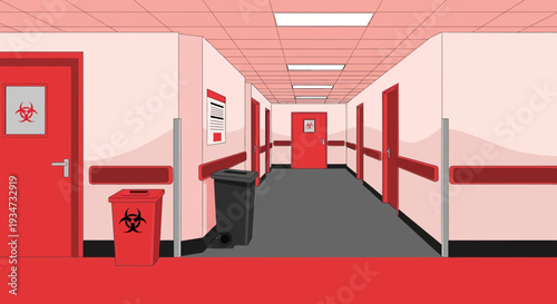 Hospital Corridor Rendered In Red Tones Depicting Potential Biohazard Zone