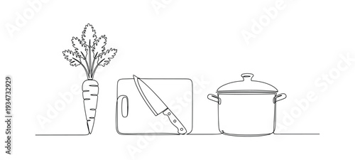 Kitchen cooking utensils and carrot in minimalist continuous line vector design