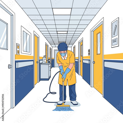 Hospital Corridor Sanitation: A Diligent Janitor Cleans Thoroughly for Enhanced Hygiene and Health