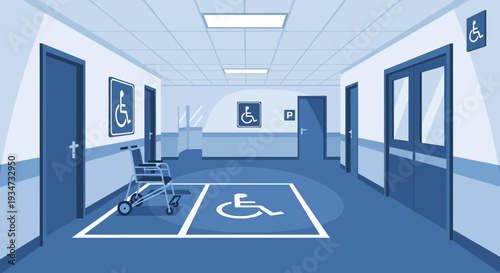 Hospital Corridor Showing Accessibility Features and Wheelchair Symbol in a Sterile Setting