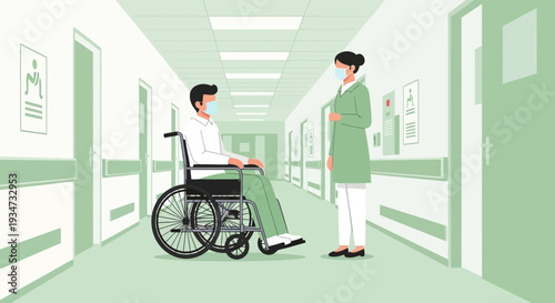 Hospital Corridor Scene Featuring Medical Staff and Patient in Wheelchair Illustration