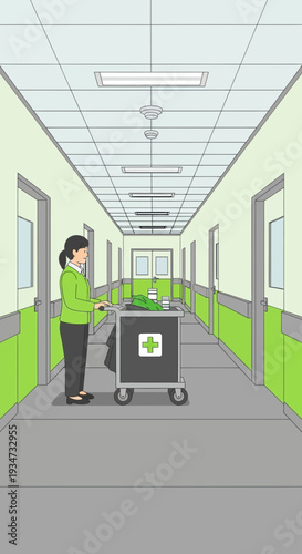 Hospital Corridor Scene Featuring Medical Staff and Supplies Cart in a Clean and Organized