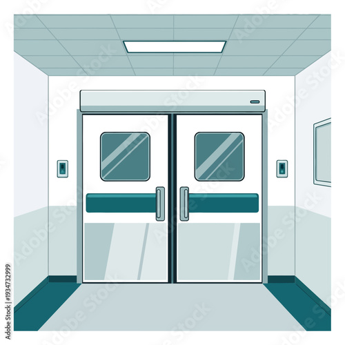 Hospital Corridor View Featuring Double Doors Suggesting Medical Access and Safety Protocols