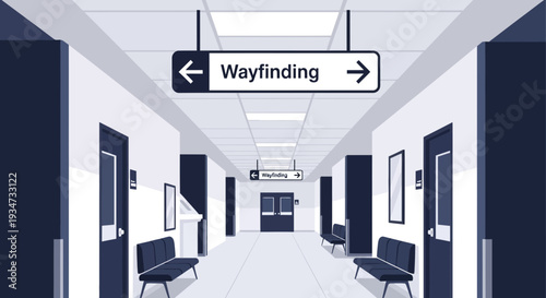 Hospital Corridor With Wayfinding Signage Featuring Directional Arrows and Doors