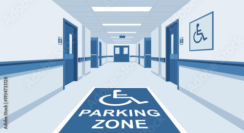 Hospital Corridor With Wheelchair Parking Zone, Accessible Sign, Blue Color Illustration
